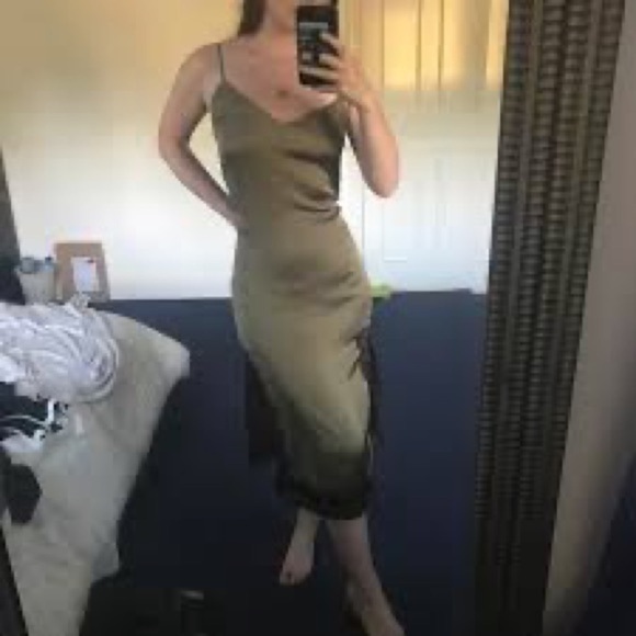 ZARA Olive Green Satin Slip Midi Dress with side slits size Medium - Picture 3 of 17